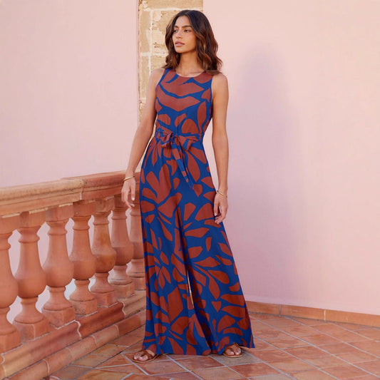 Elegante Feestelijke Jumpsuit Dames met Taille Stropdas en Abstracte Print | Zwarte Mouwloze Brede Pijpen-1
