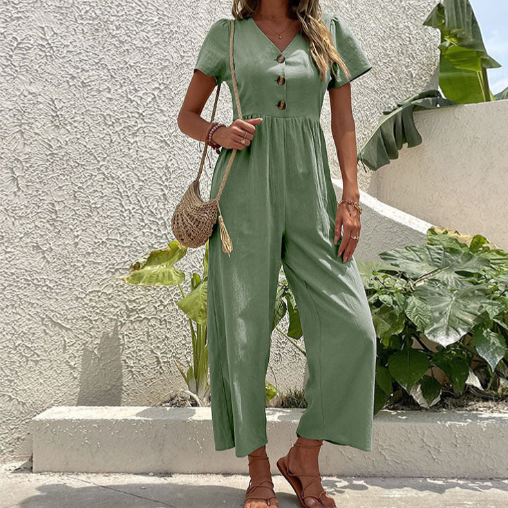Stijlvolle Dames Jumpsuit Kort met Wijde Pijpen in Zwart – Ademende Linnenmix voor Casual Dagen-3