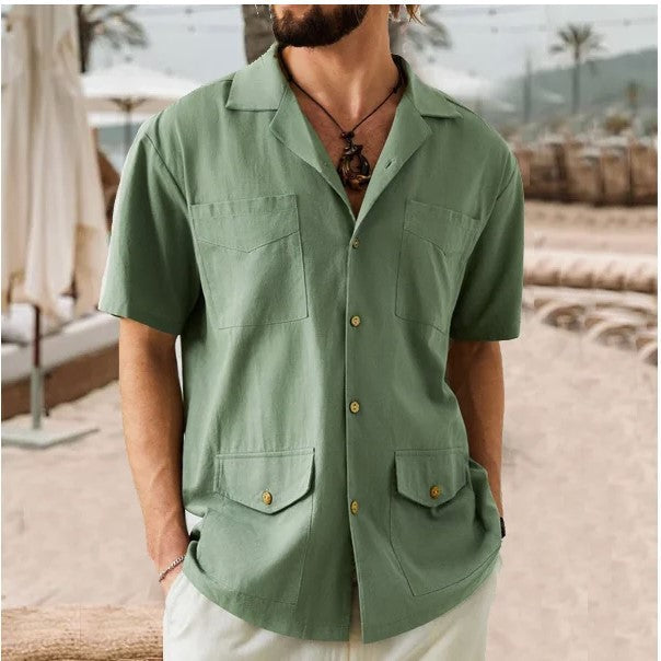 Stijlvol Korte Mouwen Heren Shirt met Gekke Kraag en 4 Zakjes | Ademend Katoen-Linnenmix voor Casual Gelegenheden-4