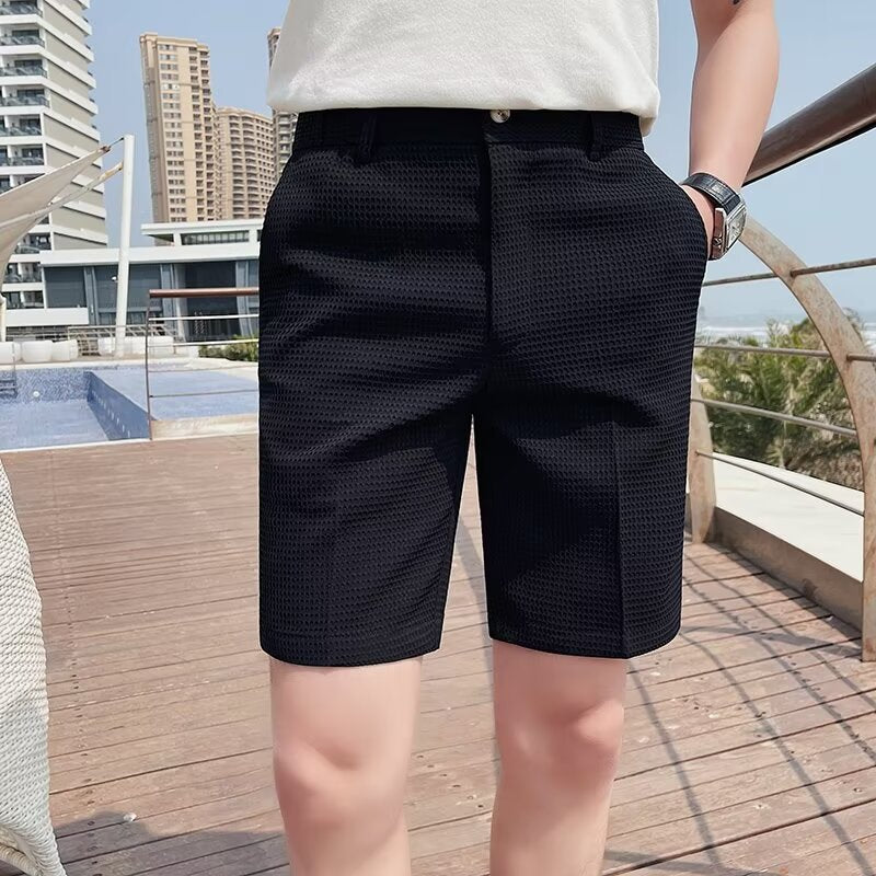Stijlvolle Heren Korte Broek met Knoop Tailleband en Slanke Pasvorm – Getextureerde Knie-lengte Shorts-5