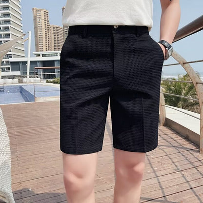 Stijlvolle Heren Korte Broek met Knoop Tailleband en Slanke Pasvorm – Getextureerde Knie-lengte Shorts-5