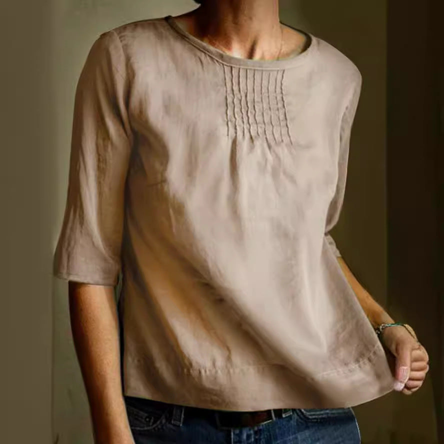Elegante Katoenen Linnen Damesblouse met Geplooide Voorkant en 3/4 Mouwen | Losse Pasvorm voor Casual en Sociale Gelegenheden-3