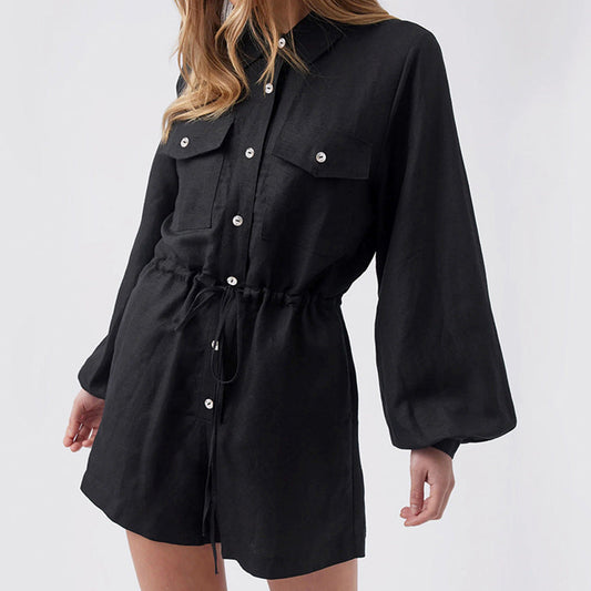 Chic Dames Jumpsuit met Lange Mouwen en Trekkoord Taille | Katoen-Linnen Blend in Utility Style voor de Zomer-1