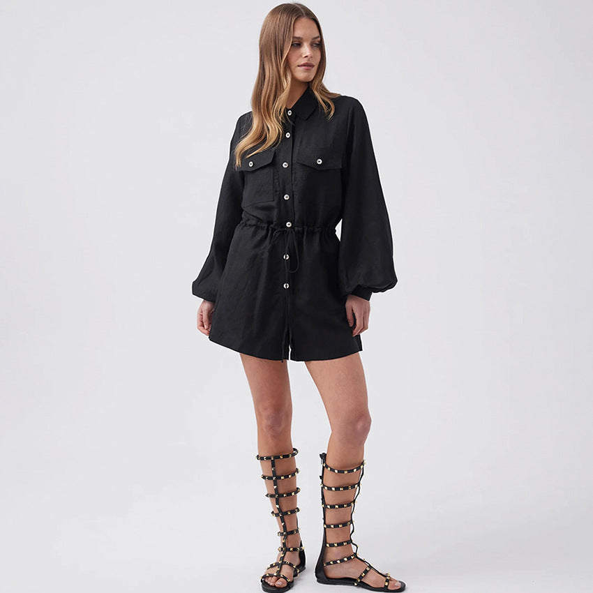 Elegante Jumpsuit Dames Zomer met Lange Mouwen en Trekkoord Taille – Katoen-Linnen Mix-5