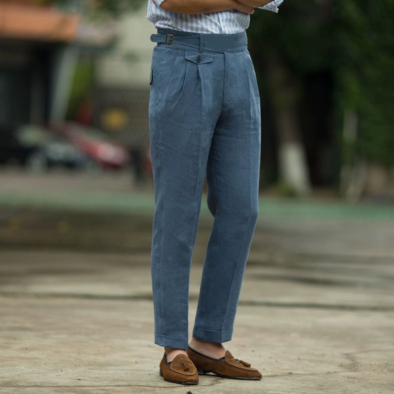 Variant image for Elegante Heren Linnen Broek met Hoge Taille en Geplooide Voorkant | Slanke Pasvorm voor Lente/Zomer Pantalon-9