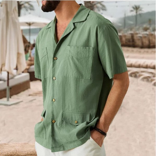 Stijlvol Korte Mouwen Heren Shirt met Gekke Kraag en 4 Zakjes | Ademend Katoen-Linnenmix voor Casual Gelegenheden-5