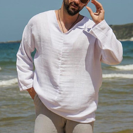 Stijlvol Heren Linnen Shirt met V-hals en Lange Mouwen | Ademend en Lichtgewicht Overhemd voor Lente en Zomer-1