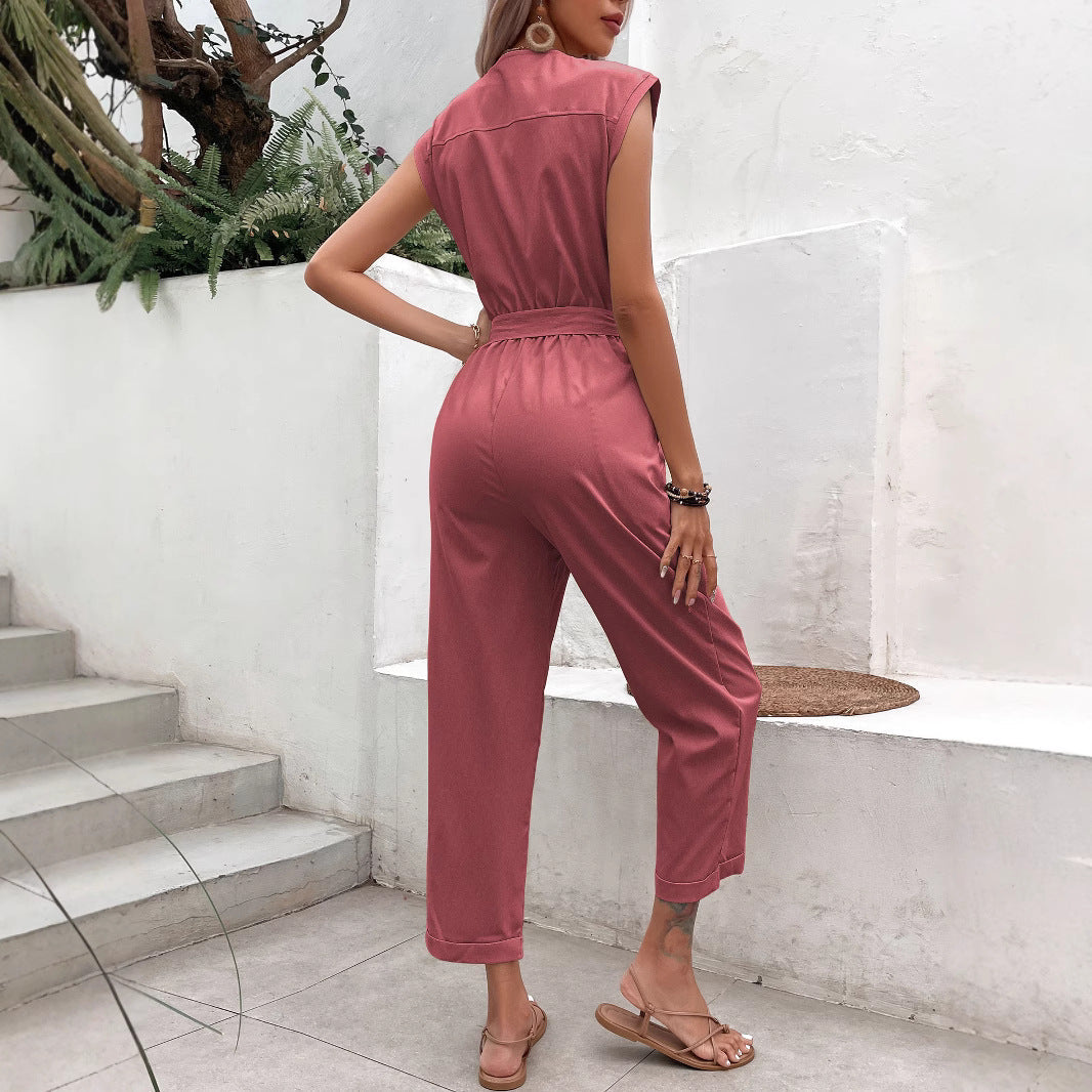 Stijlvolle Zwarte Dames Jumpsuit met V-hals en Stropdas Taille – Feestelijke Jumpsuit voor Lente/Zomer-2