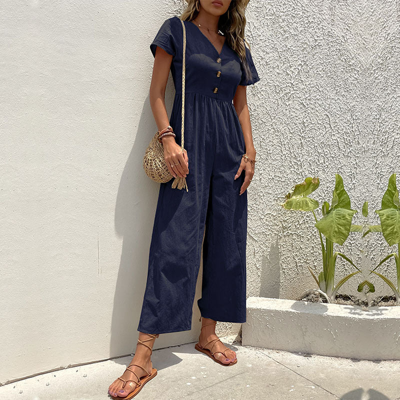 Stijlvolle Dames Jumpsuit Kort met Wijde Pijpen in Zwart – Ademende Linnenmix voor Casual Dagen-4