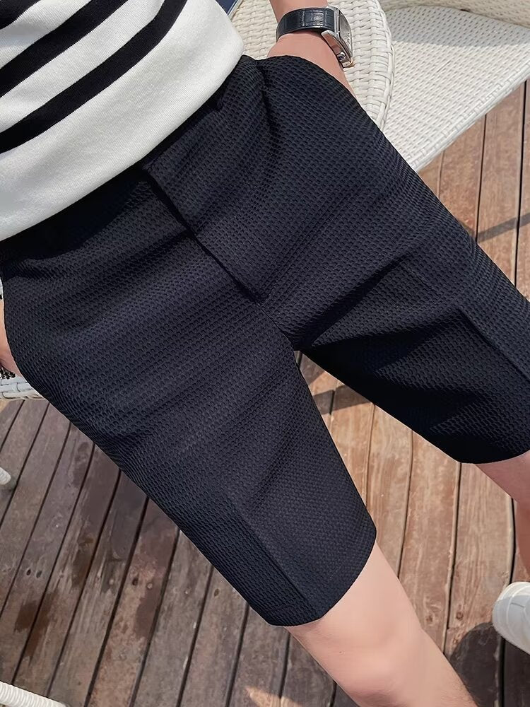 Stijlvolle Heren Korte Broek met Knoop Tailleband en Slanke Pasvorm – Getextureerde Knie-lengte Shorts-3
