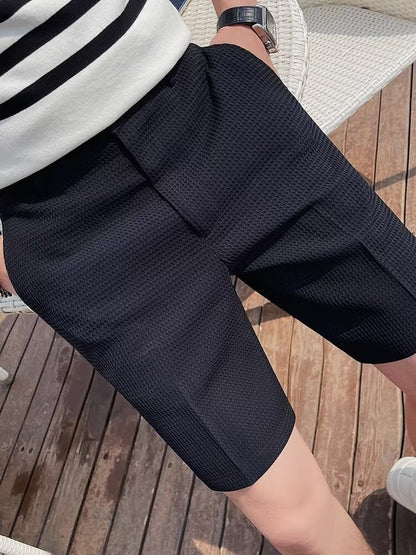 Stijlvolle Heren Korte Broek met Knoop Tailleband en Slanke Pasvorm – Getextureerde Knie-lengte Shorts-3