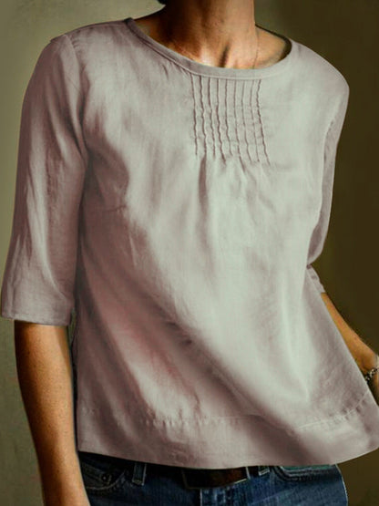 Elegante Katoenen Linnen Damesblouse met Geplooide Voorkant en 3/4 Mouwen | Losse Pasvorm voor Casual en Sociale Gelegenheden-5
