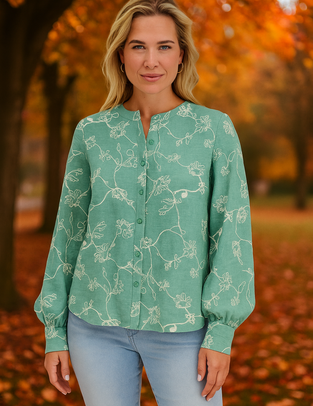 Ocean Groen Bloemenborduur Blouse Dames | Relaxed Pasvorm 0