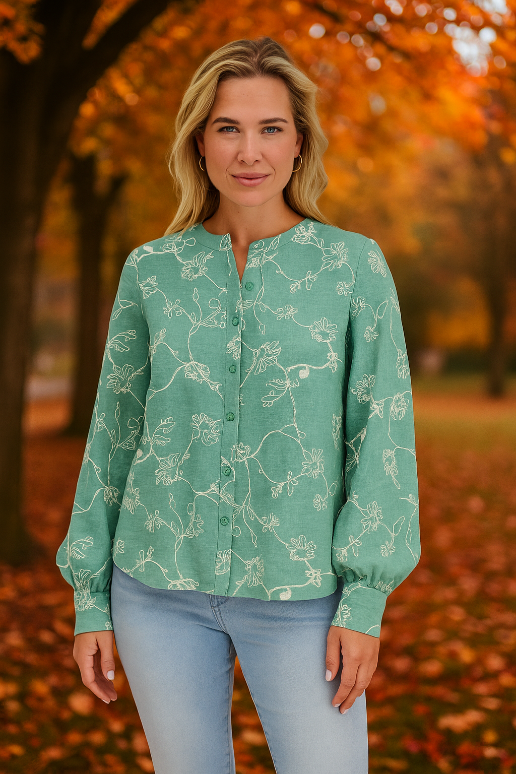 Ocean Groen Bloemenborduur Blouse Dames | Relaxed Pasvorm 0