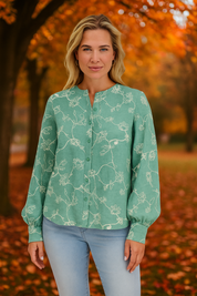 Ocean Groen Bloemenborduur Blouse Dames | Relaxed Pasvorm 0