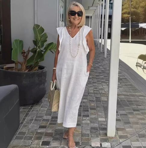 Stijlvolle Midi Jurk Dames met V-hals en Mouwloos Ontwerp – Ademend Katoen-Linnenmix voor Zomer Casual-1