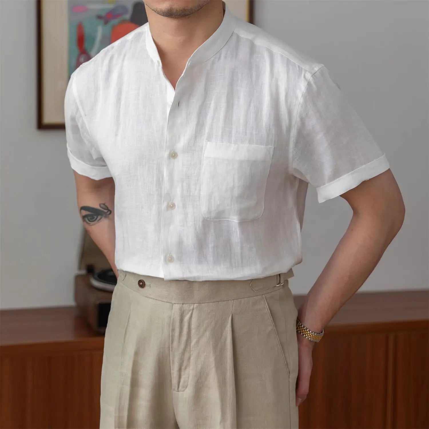 Variant image for Linnen Heren Shirt met Mandarijnkraag en Lange Mouwen | Ademend Casual Overhemd voor Elke Gelegenheid-6