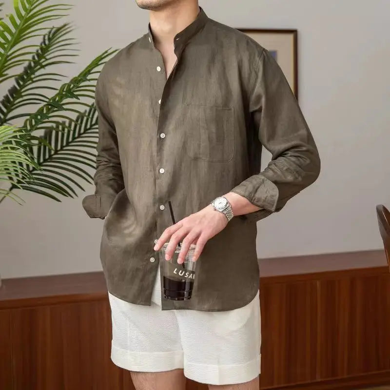 Variant image for Linnen Heren Shirt met Mandarijnkraag en Lange Mouwen | Ademend Casual Overhemd voor Elke Gelegenheid-11