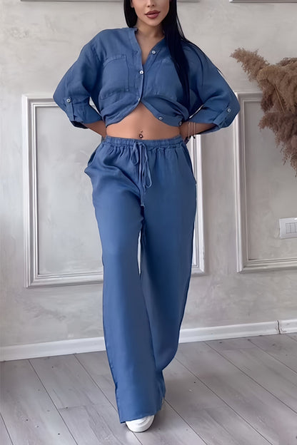 Linnen Dames Set | Tweedelige Set met Button-Down Shirt en Brede Pijpenbroek - Ademend en Ontspannen Fit-2