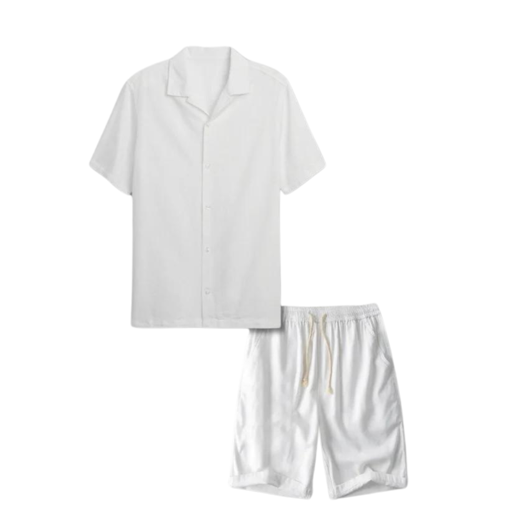 Stijlvolle Heren Linnen Set met Korte Mouwen en Trekkoord Shorts – Ademend en Casual voor de Zomer-4