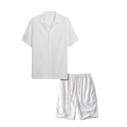 Stijlvolle Heren Linnen Set met Korte Mouwen en Trekkoord Shorts – Ademend en Casual voor de Zomer-4