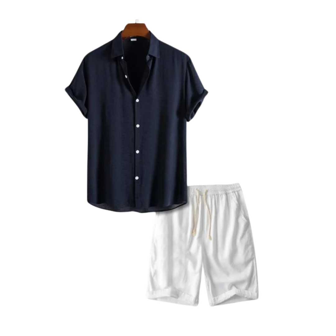 Stijlvolle Heren Linnen Set met Korte Mouwen en Trekkoord Shorts – Ademend en Casual voor de Zomer-2
