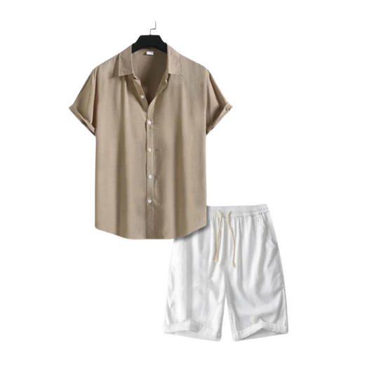 Stijlvolle Heren Linnen Set met Korte Mouwen en Trekkoord Shorts – Ademend en Casual voor de Zomer-1