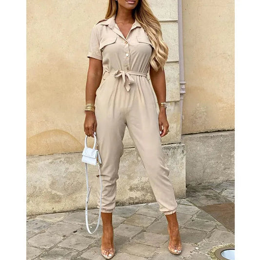 Elegante Dames Jumpsuit Kort met Korte Mouwen en Taps Toelopende Benen | Ademend Zwart Jumpsuit-1