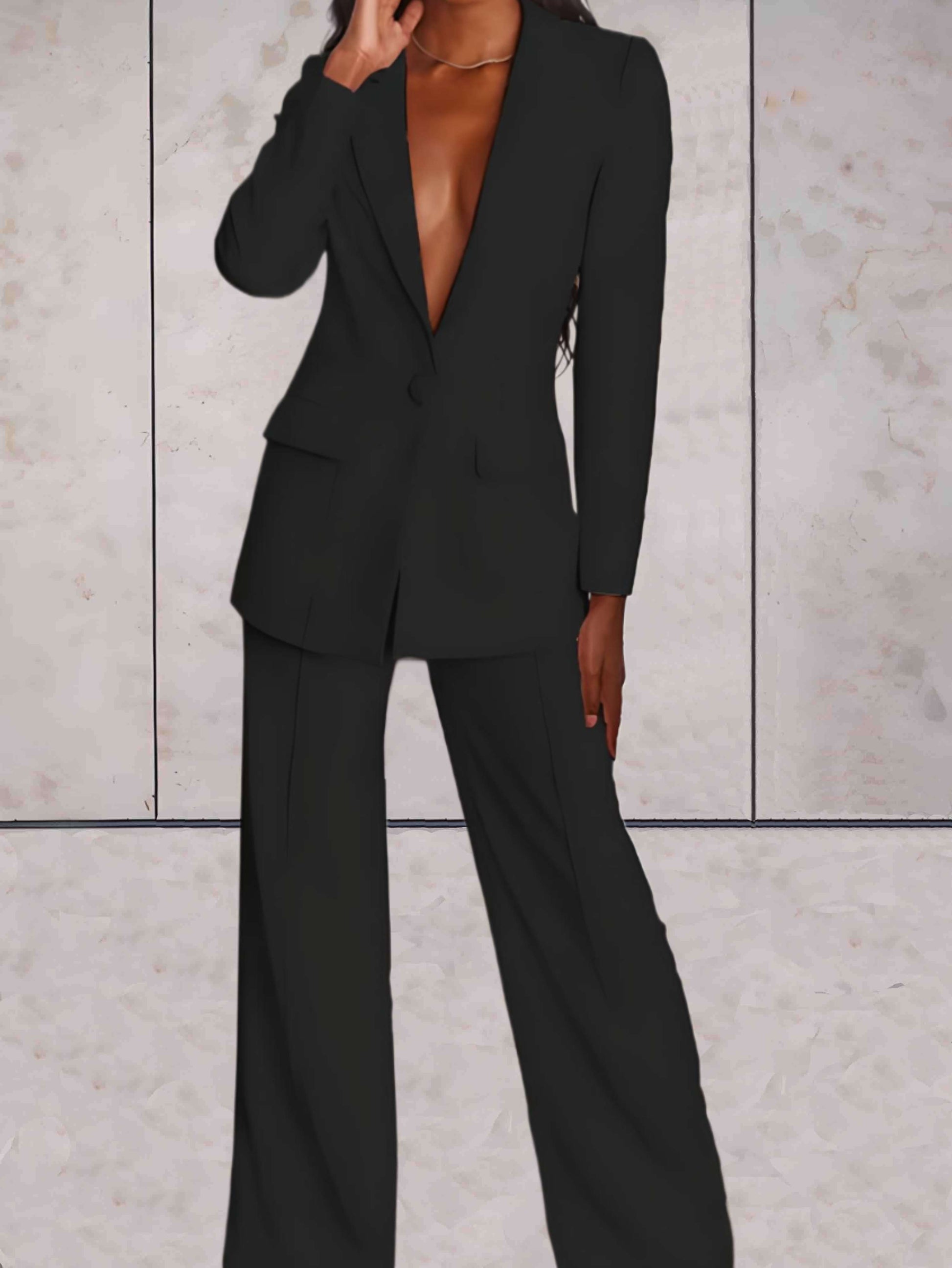 Zwart Dames Pak 2 Delig | Elegante Blazer en Brede Pijpen Broek Set 2