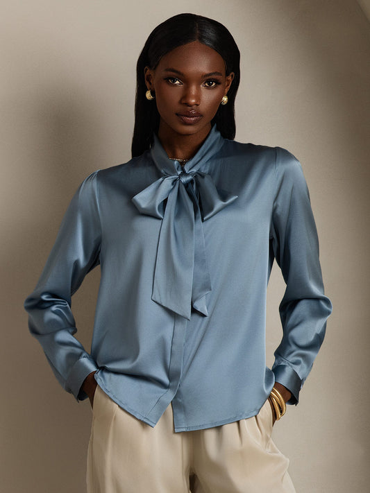 Elegante Witte Blouse Dames van 19 Momme Zijden met Lange Mouwen – Chique Strikdetail voor Casual Gelegenheden-1