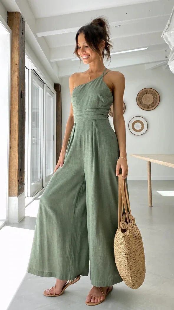 Elegante Feestelijke Jumpsuit Dames | Zwarte Backless Jumpsuit met Eén Schouder en Brede Pijpen-5