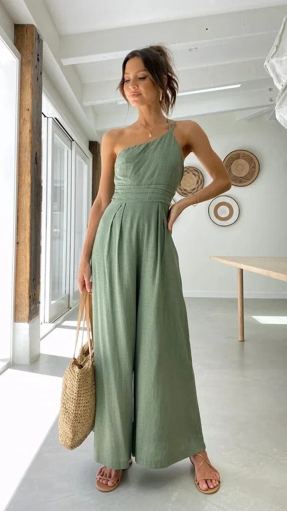 Elegante Feestelijke Jumpsuit Dames | Zwarte Backless Jumpsuit met Eén Schouder en Brede Pijpen-2