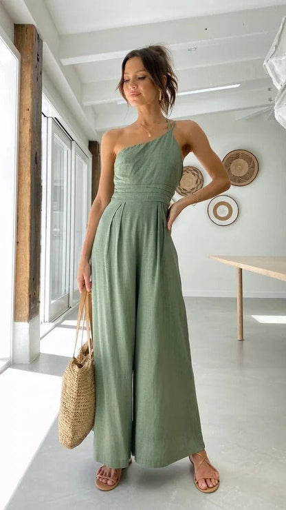 Elegante Feestelijke Jumpsuit Dames | Zwarte Backless Jumpsuit met Eén Schouder en Brede Pijpen-2