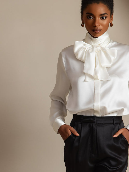 Elegante Witte Blouse Dames met Lange Mouwen en Strikdesign | 95% Moerbeizijde, Perfect voor Casual Gelegenheden-1