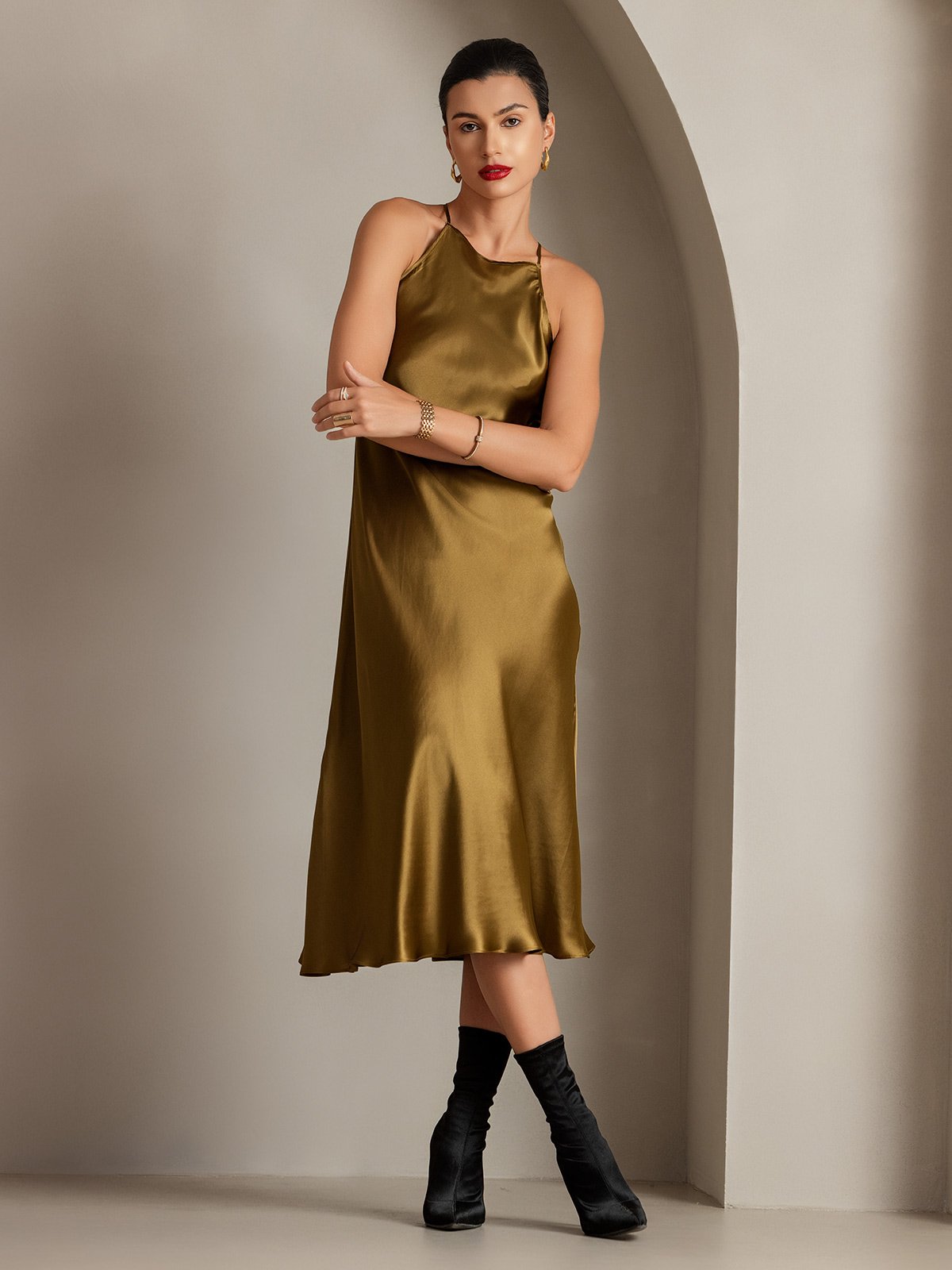 Elegante 19Momme Zijde Spaghetti Draagband Jurk | Mouwloos, Strikdetail, Verkrijgbaar in Meerdere Kleuren - Jurken Dames-4