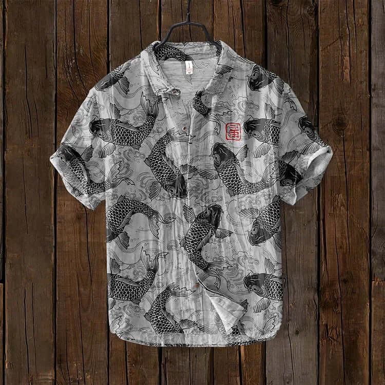 Stijlvol Koi Fish Print Heren Shirt met Mandarijnkraag | Ademend Katoen-Linnenmix voor Lente/Zomer-3