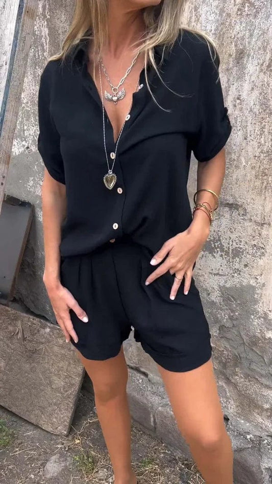 Stijlvolle Dames Blouse Set met Katoen-Linnen Mix | Losse Pasvorm en Hoge Taille Shorts voor Casual Outfit-1