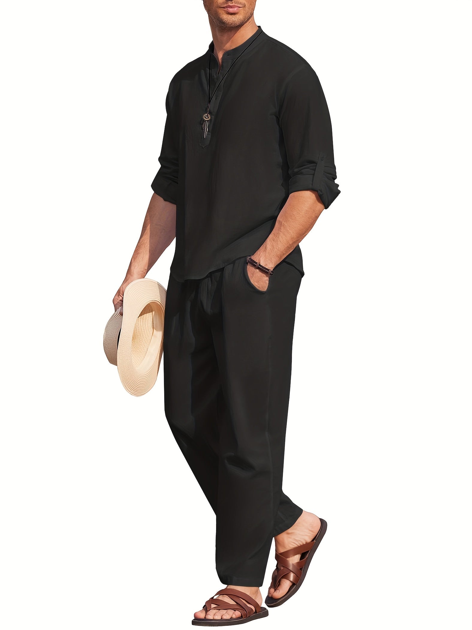 Variant image for Stijlvolle Heren Linnenset met Lange Mouwen en Ontspannen Broek | Ademend en Lichtgewicht voor Zomercomfort-7