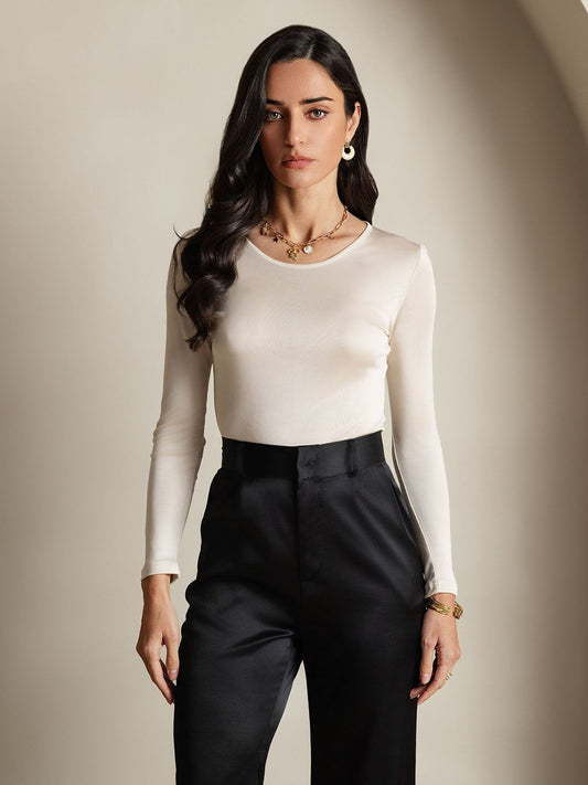 Elegante Lange Mouwen Dames T-Shirt van Zijdeblend met Ronde Hals | Aansluitende Pasvorm in Diverse Kleuren-1