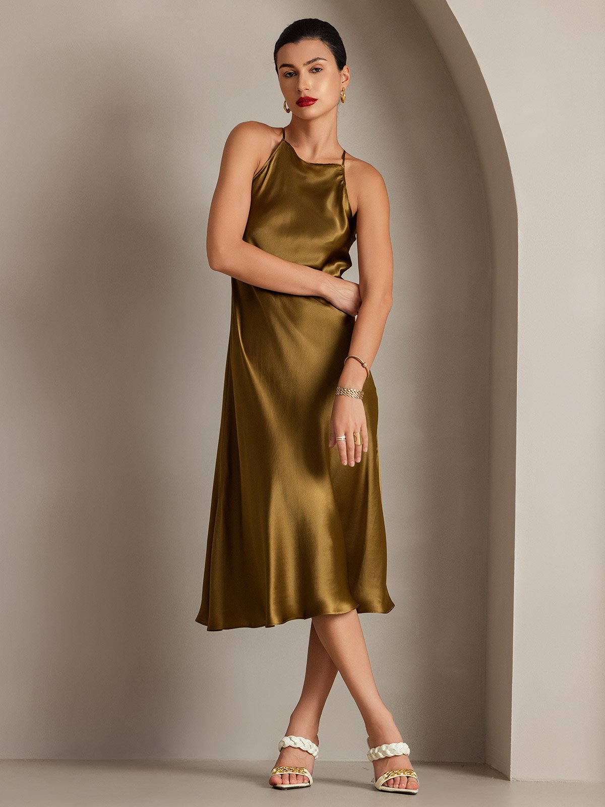 Elegante 19Momme Zijde Spaghetti Draagband Jurk | Mouwloos, Strikdetail, Verkrijgbaar in Meerdere Kleuren - Jurken Dames-5