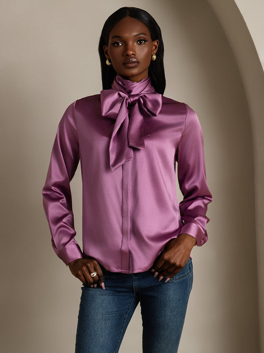 Elegante Strik Blouse van 19 Momme Zijde voor Dames – Lange Mouwen in Wit en Donkerblauw-1