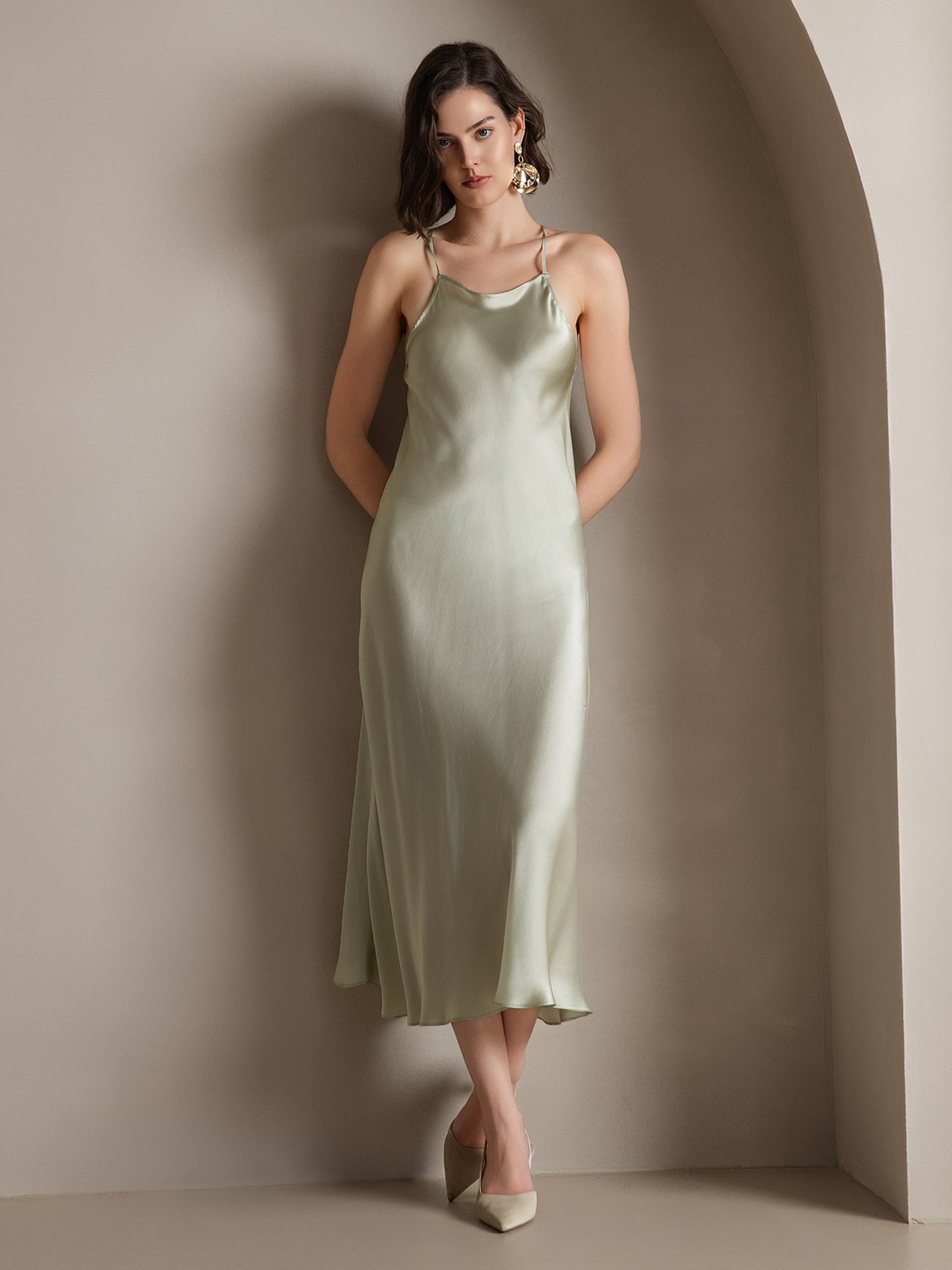 Variant image for Elegante 19Momme Zijde Spaghetti Draagband Jurk | Mouwloos, Strikdetail, Verkrijgbaar in Meerdere Kleuren - Jurken Dames-9