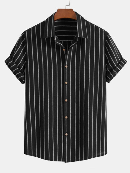 Variant image for Stijlvol Katoenen Linnen Heren Shirt met Korte Mouwen en Verticale Strepen | Ademend Casual Overhemd-7