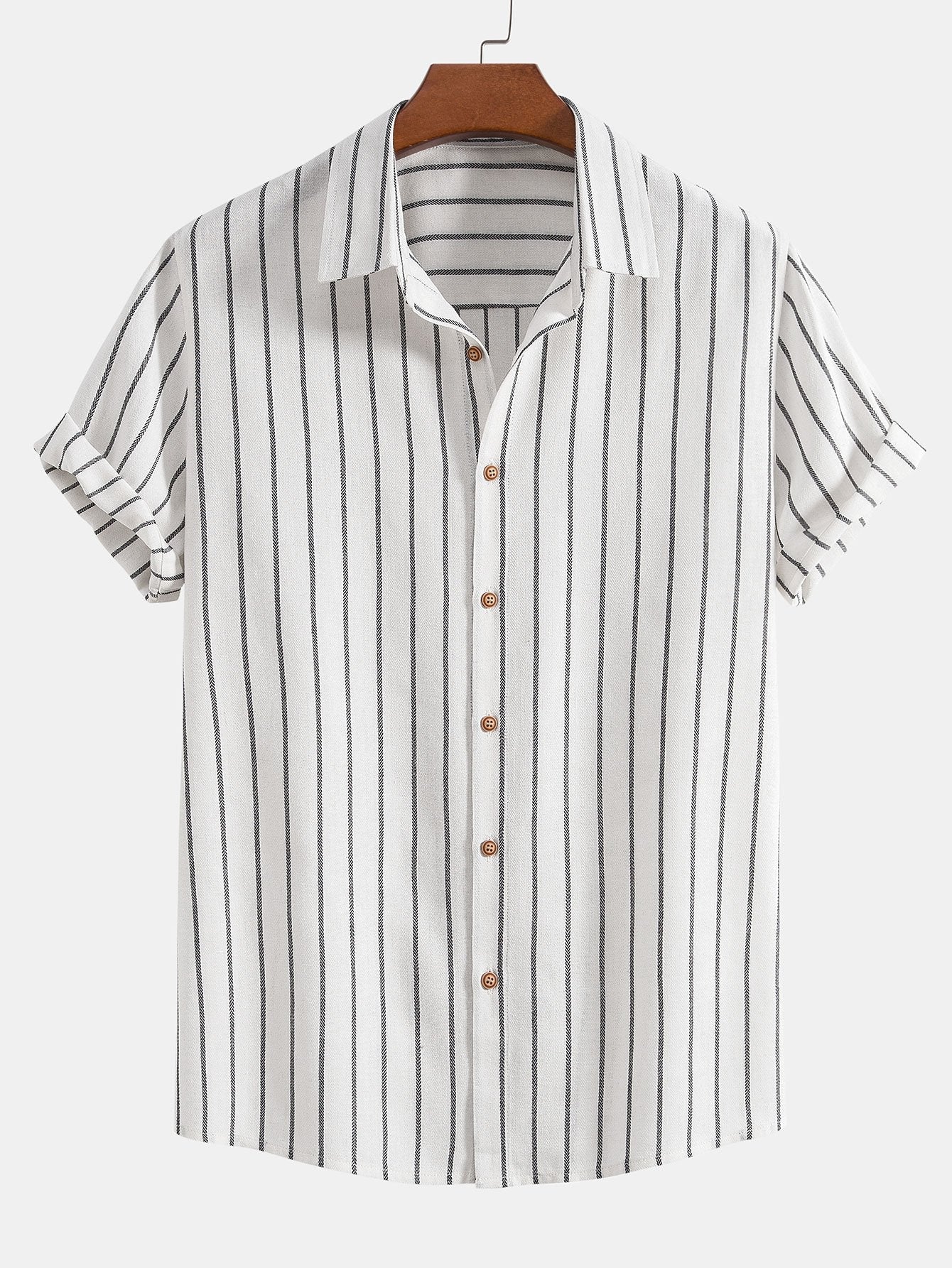 Stijlvol Katoenen Linnen Heren Shirt met Korte Mouwen en Verticale Strepen | Ademend Casual Overhemd-1