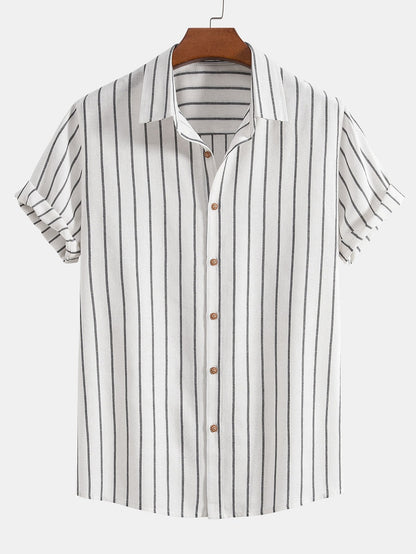 Stijlvol Katoenen Linnen Heren Shirt met Korte Mouwen en Verticale Strepen | Ademend Casual Overhemd-1