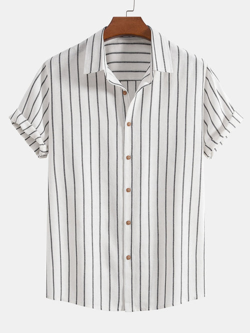 Stijlvol Katoenen Linnen Heren Shirt met Korte Mouwen en Verticale Strepen | Ademend Casual Overhemd-1