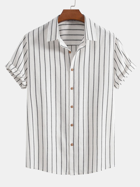 Stijlvol Katoenen Linnen Heren Shirt met Korte Mouwen en Verticale Strepen | Ademend Casual Overhemd-1