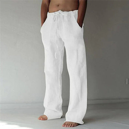 Linnen Brede Broek voor Mannen met Relaxed Fit en Trekkoord Taille | Volledige Lengte Flared Broek voor Casual Stijl-1